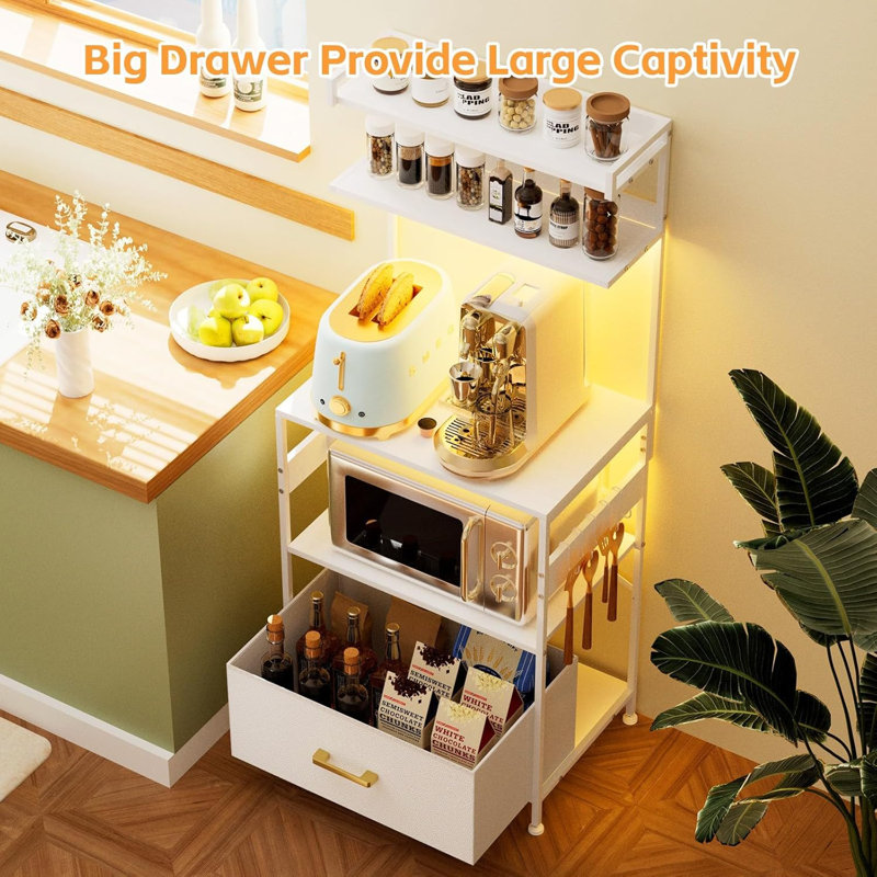 Bakers Rack with Power Outlet, Coffee Bar Table with LED Light, Kitchen Storage Shelf Rack Neishae