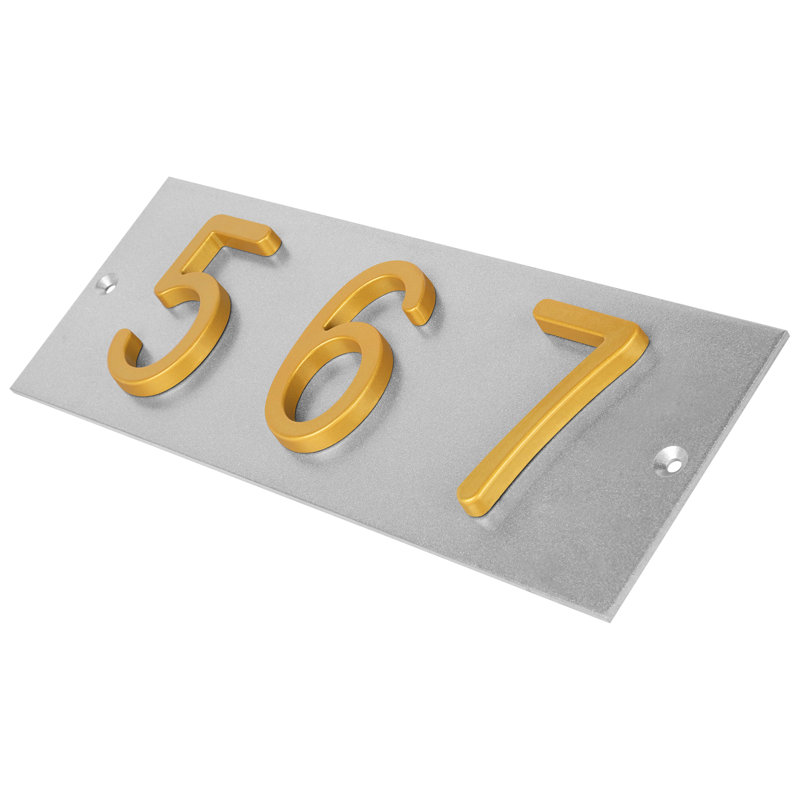 Plaque d'adresse horizontale en aluminium Royal Shade - à 3 chiffres sur mesure, Argent argent, Doré, Oui