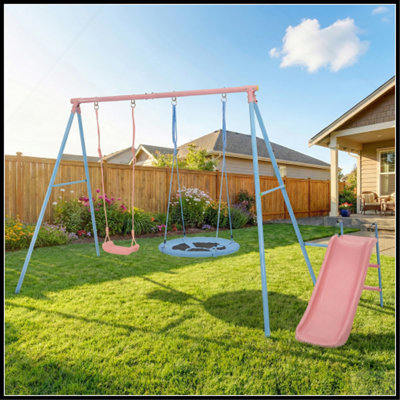 XNS107 - Ensemble de deux balançoires avec glissade bleu et rose pour aire de jeux extérieure pour enfants