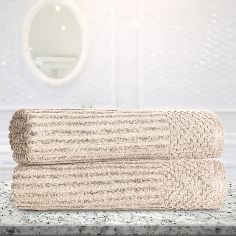 Yaholo Cotton Highly Absorbent Solid and Checkered Border Bath Sheet Set, Ivory