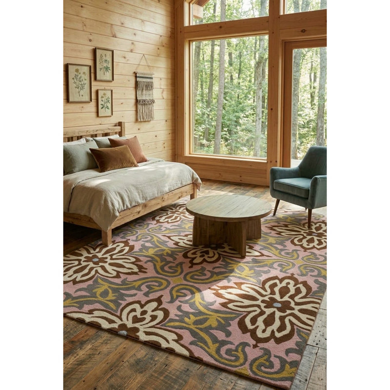 Tapis floral en laine tissé à la main vert, crème, brun et rose Burchell, Rectangle 5 pi x 7 pi 6 po