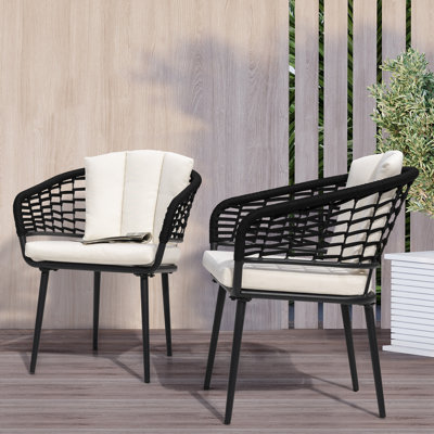 Outdoor Patio Woven Rope Chairs with Adjustable Feet, 1.97" Thick Cushions, Power-Coated Aluminum Frame, Black and Beige