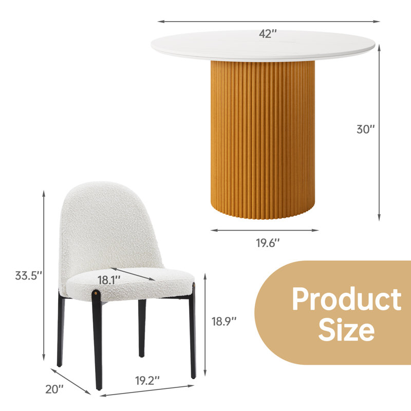 42" Modern Round Dining Table Set, 3-Piece Faux Marble Kitchen Table With Bouclé Upholstered Chairs, White