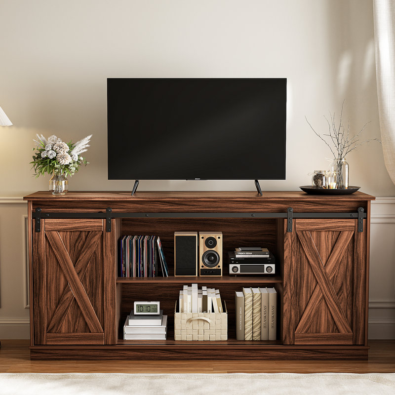 TV Stand With Sliding Barn Doors For Tvs Up To 65", Rustic Brown