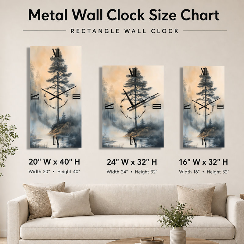 Pine Rising through the Mist - Horloge murale en métal sans tic-tac Lodge, H 32 po x l 24 po - Rectangle