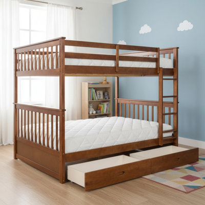 Solid Wood Full Over Full Bunk Bed with Ladders and 2 Storage Drawers for Boys& Girls