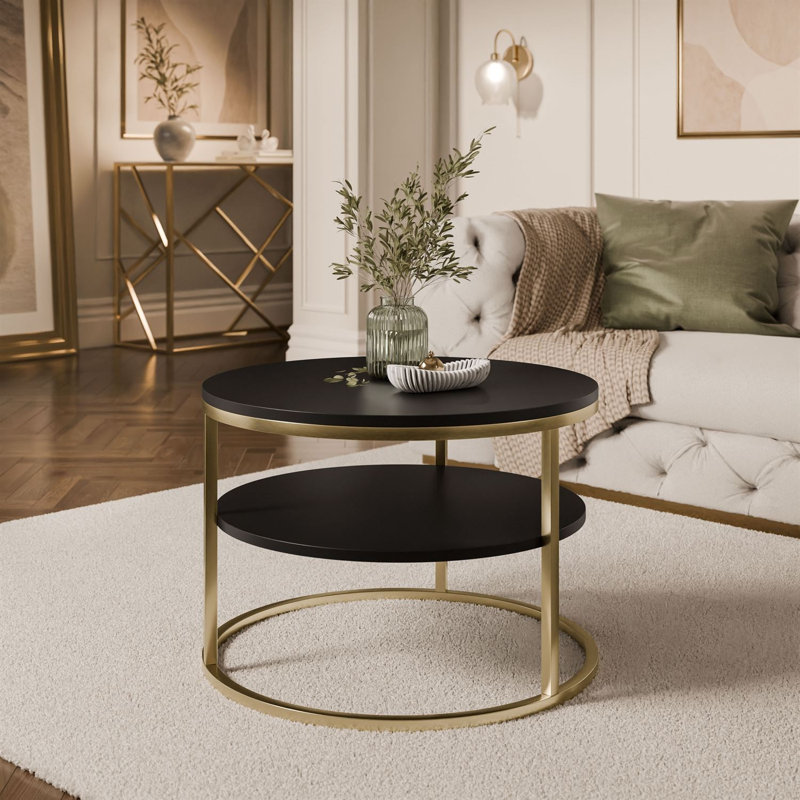 CIRI SLIM Round Coffee Table with Shelf, black matt