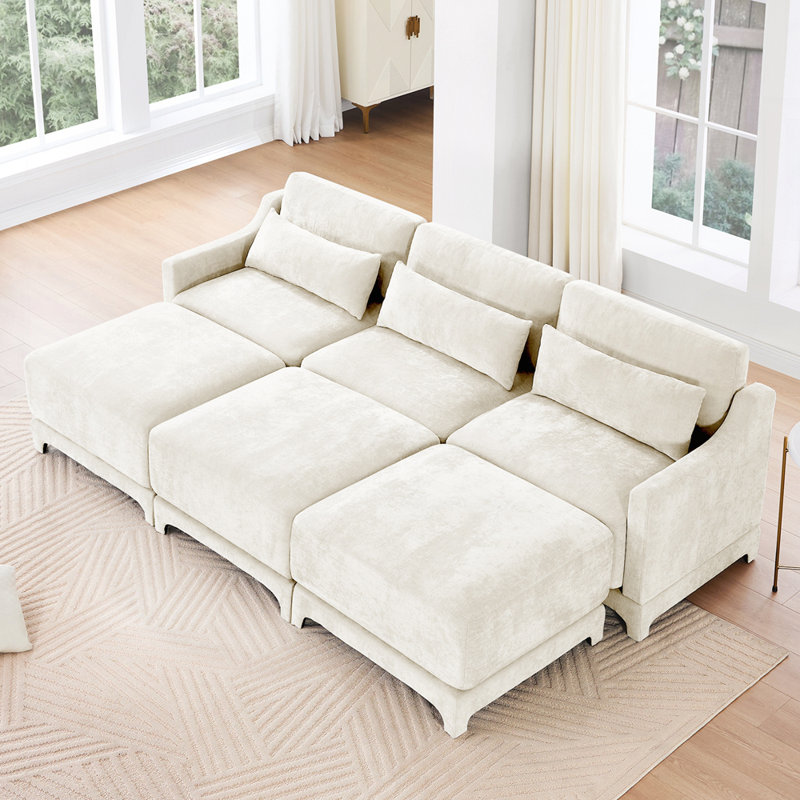 Canapé en chenille avec conception modulaire et 3 repose-pieds mobiles et coussin lombaire, H 32,6 po x l 105,9 po x P 61 po