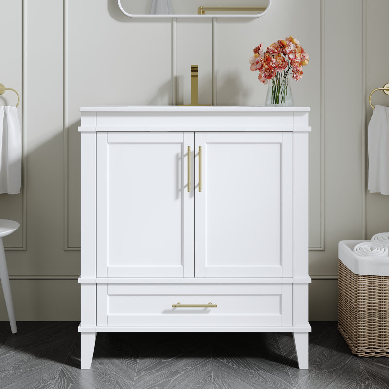 Meuble-lavabo en bois massif blanc l 30 po x H 34,1 po avec lavabo en céramique Cupc, charnières DTC à fermeture en douceur et poignées en aluminium doré