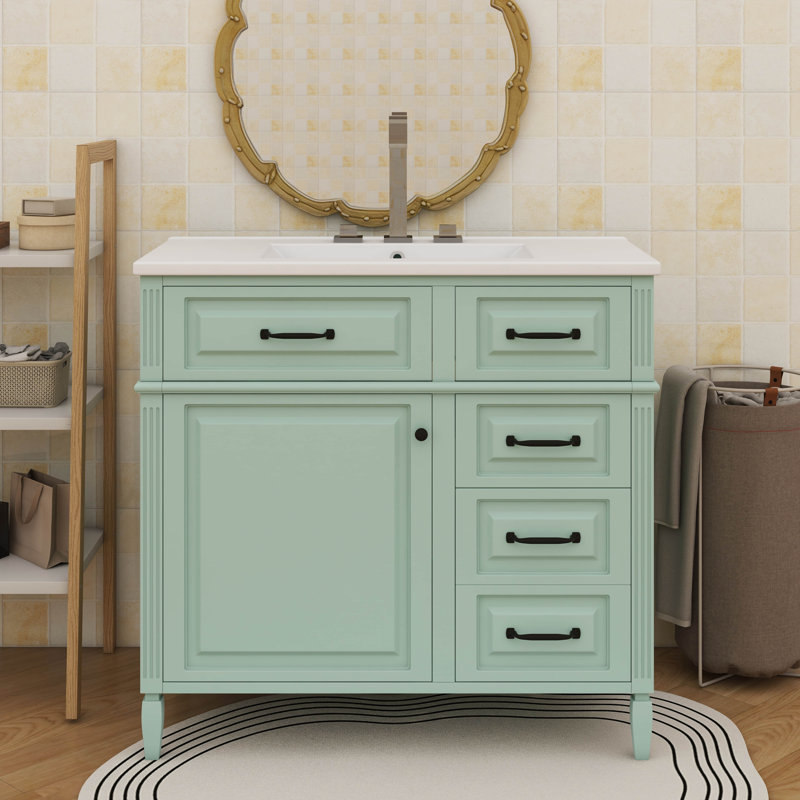 Meuble-lavabo autoportant de 36 pouces avec comptoir en céramique - tiroir rabattable, tablette réglable et poignées en métal