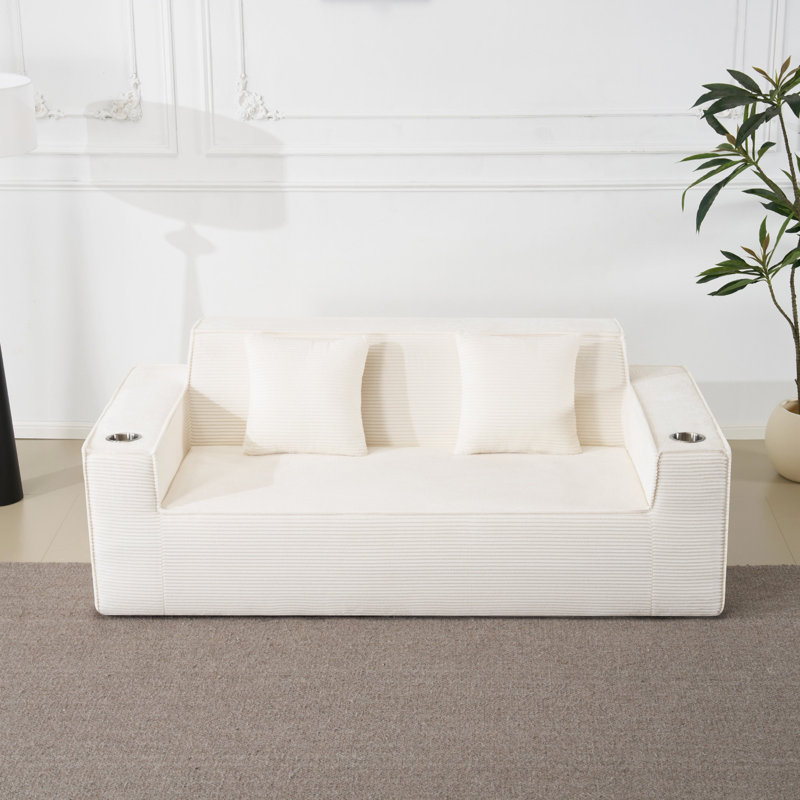 Canapé 76 po avec accoudoirs carrés en chenille 76 po, petit canapé 2 places avec porte-gobelets, Blanc