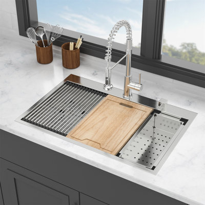 33 Drop In Kitchen Sink -  33X22 Stainless Steel Drop In Sink Ledge Workstation Topmount Kitchen Sink Single Bowl, 16 Gauge