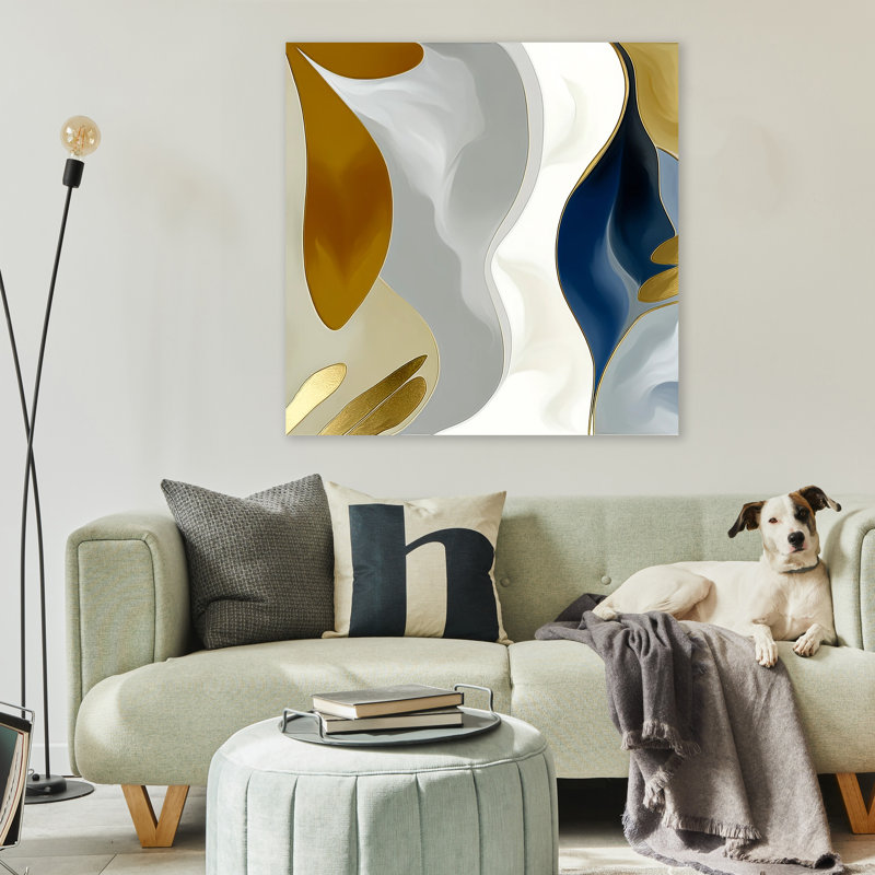 Elegant Contours - Abstrait doré et bleu marine sur toile, H 40 po x l 40 po x P 1,5 po