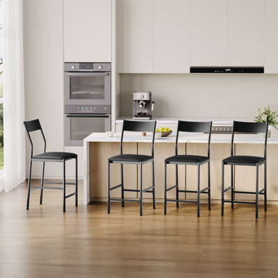 Bar Stools Set of 4, Modern Counter Height PU Leather Barstools with Curved Iron Backrest & Footrest