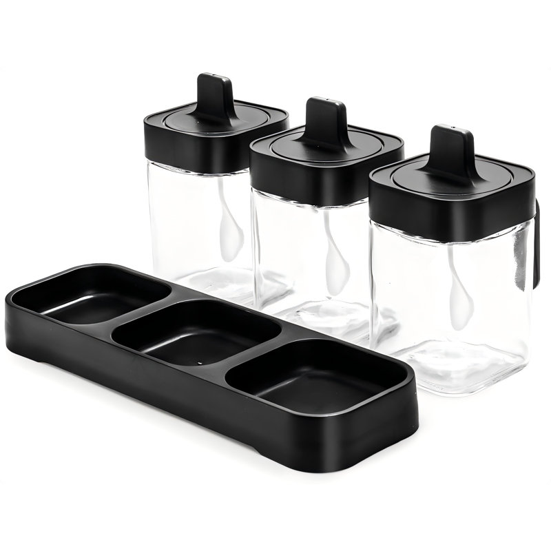 Ensemble de 3 pots à condiments avec plateau, contenant à épices 13,5 oz avec couvercles et cuillères, ensembles de contenants en verre pour le sel et le sucre, boîte d'assaisonnement pour le sel et le poivre