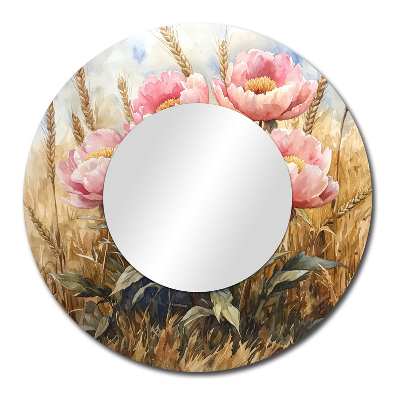 Peonies In The Wheat Field I - Floral Accent Wall Mirror - Printed On Metal, 29" x 29"