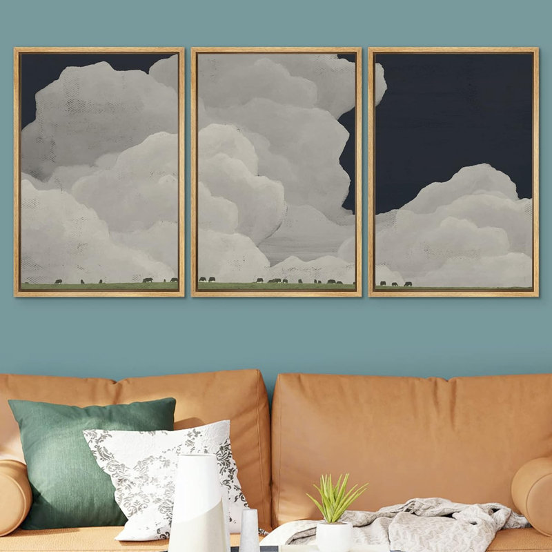 Clouds " Dark Clouds Over Country Farm Cows " 3 - Pieces, 36" H x 72" W x 1.5" D, Natural