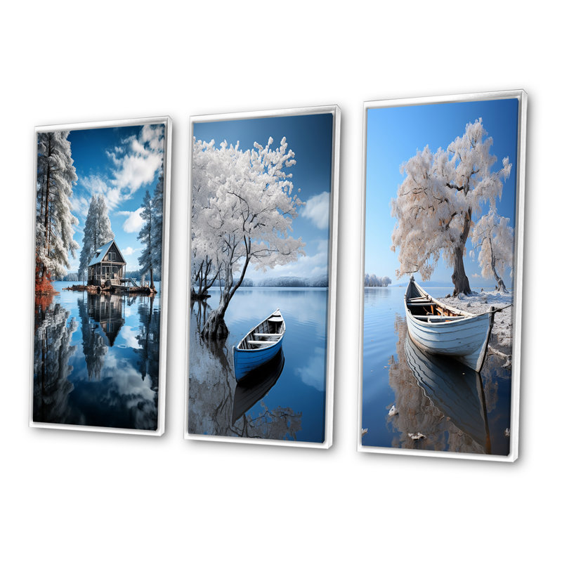 «Lake Tranquil Retreat», 3 pièces sur toile, Cadre blanc, H 28 po x l 36 po