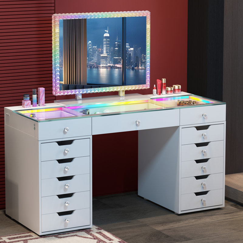 Makeup Vanity Set with Vanity Mirror HD Glass Top Built-in RGB Light Strips Large 11 Drawers