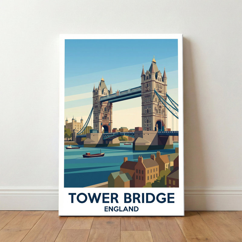 Tower Bridge, England - Romantic Travel Poster Of London's Iconic Thames Crossing. Giclee Print On Wrapped Canvas. Wall Art, Home Decor - Transport & Engineering, England - Wrapped Canvas Print