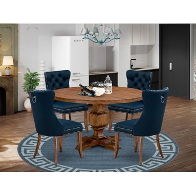 Ensemble de salle à manger 5 pièces avec similicuir 4 chaises de cuisine bleu marine, dossiers capitonnés et une table ronde de 54 po au fini noyer antique.