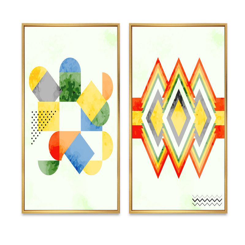 «Abstract Retro Geometrics IV», ensemble de 2 impressions, H 40 po x l 40 po x P 1,5 po, Toile avec cadre doré