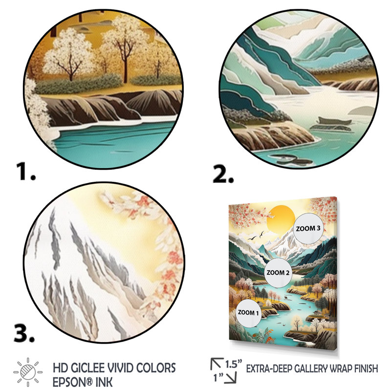 «Snow Covered Mountain Peaks I», reproduction d'art sur toile, H 44 po x l 34 po x P 1,5 po, Encadrement doré
