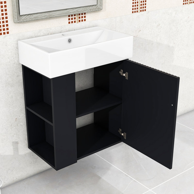 Modern Floating Bathroom Vanity with Wave-Patterned Door, Ceramic Sink and Storage Shelves, Black
