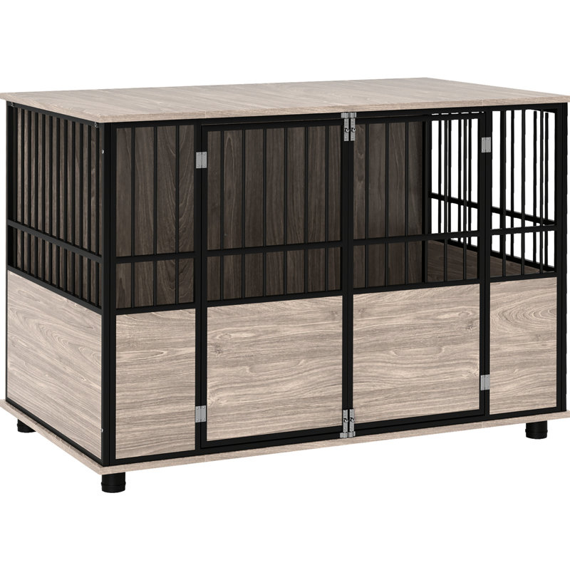 Chenil multifonctionnel - Finition noyer de 46 po l, portes doubles, intérieur décoratif pour chiens jusqu'à 88 lb