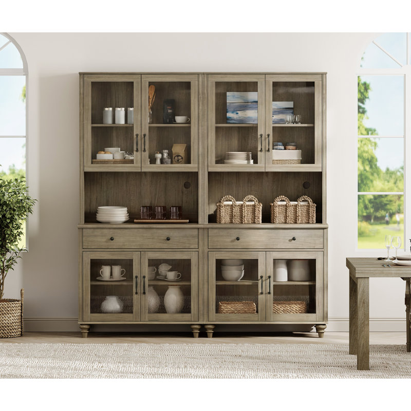 Buffet Corretta avec meuble bar et étagères ouvertes, meuble de rangement avec portes vitrées et tiroir, gris délavé, 173 cm (68 po)
