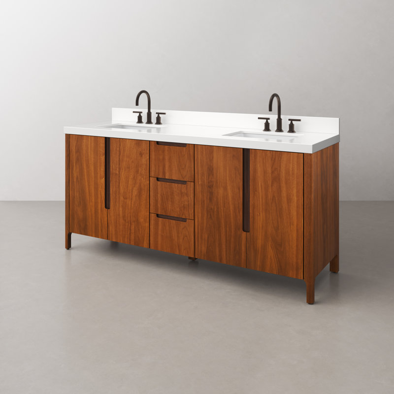 Trayshawn 72 po Meuble-lavabo à double cuve en marbre d'ingénierie avec robinet Whitebrook, Noir Juglans
