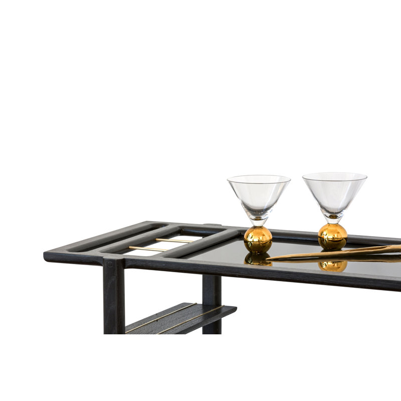 Solid Wood Bar Cart with Wheels, Ebonized Oak/Brass