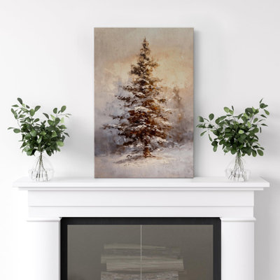 Serene Snowy Christmas Pine Tree in a Rustic Winter Landscape Decor Illustration Modern Art Warm