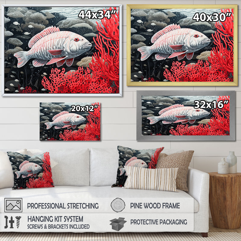 Impression sur toile monochrome noir et rouge II, Cadre flottant blanc, H 34 po x l 44 po x P 1,5 po