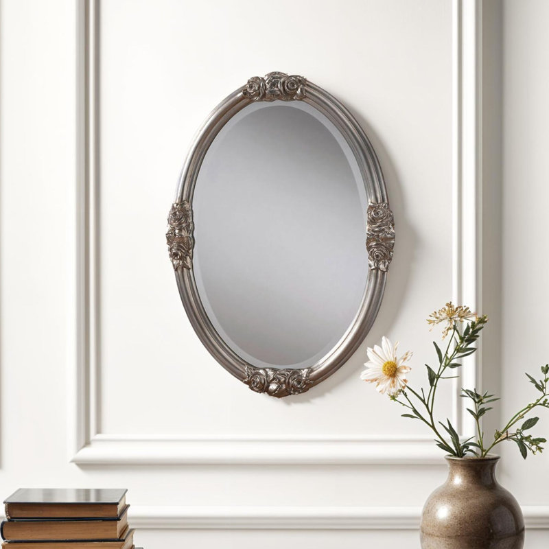 Astoria Oval Rose Detailed Wall Mirror, Silver