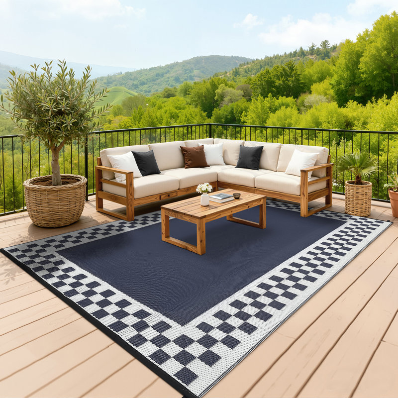 Tapis d'extérieur moderne à motif géométrique, résistant à la décoloration et aux intempéries pour le jardin, Blue