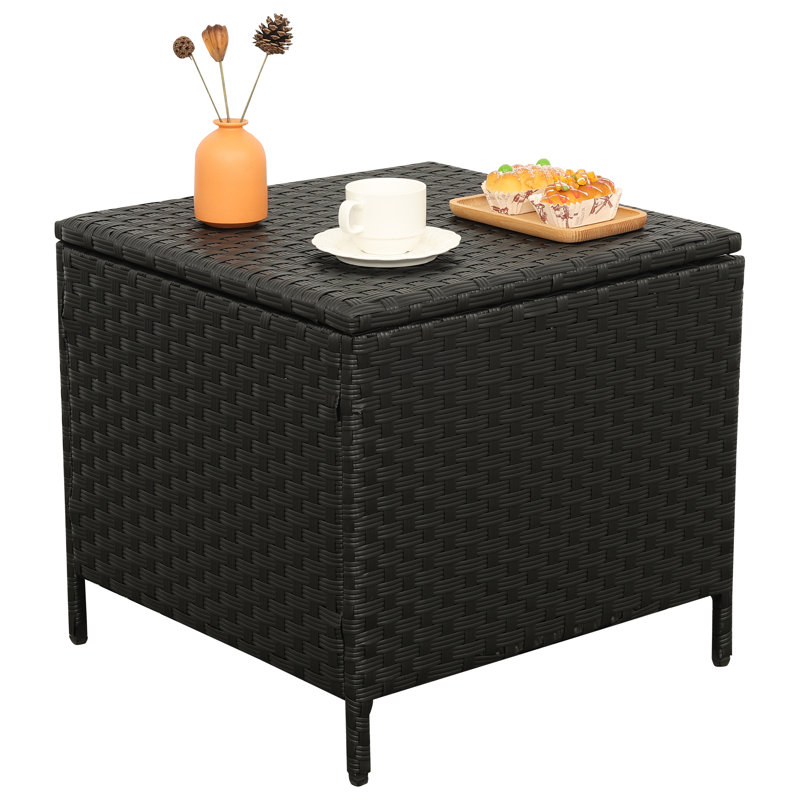 Outdoor Wicker Side Table Patio Coffee Table with Storage End Square Table, Black