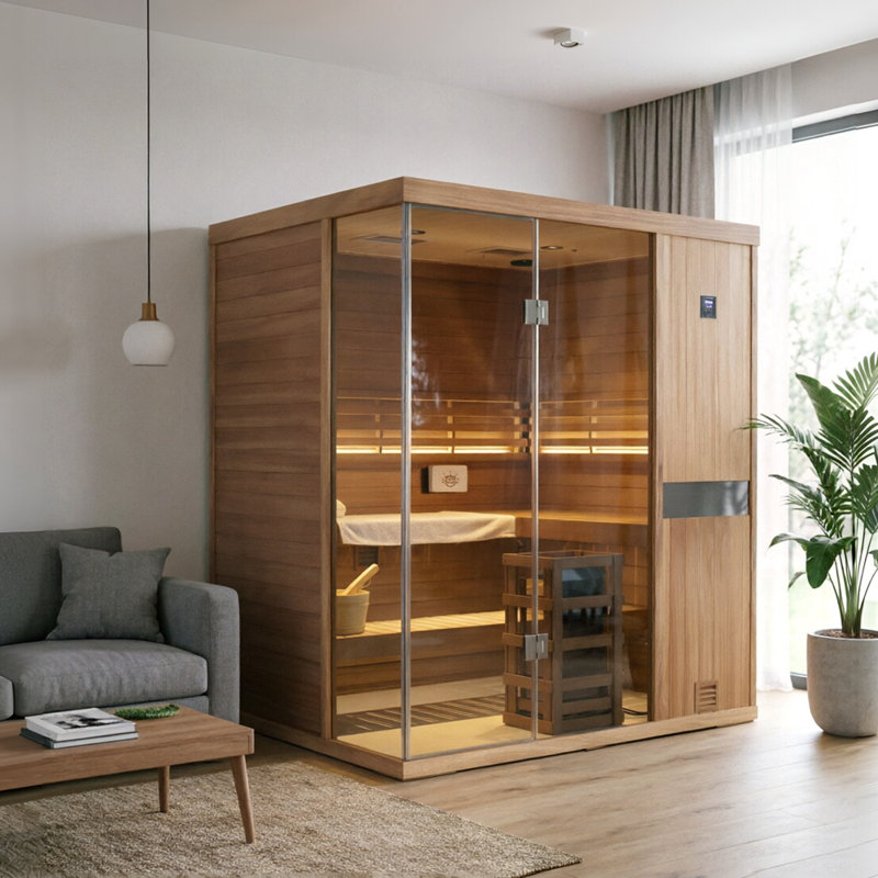Samsora 4-Person Indoor Steam Sauna 3800W, African Wood, Red Light Therapy, 95℉-230℉, Built-In Bluetooth Speaker, Includes Sauna Heater and Sauna Stone, Negative Ion Air Purification
