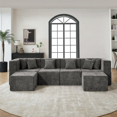 129"Cloud Modular Sectional Sofa with 2 Ottoman,Modern Minimalist Upholstered Couches, Comfort U Shaped Sofa for Living Room,Deep Seat Corner Couch,No