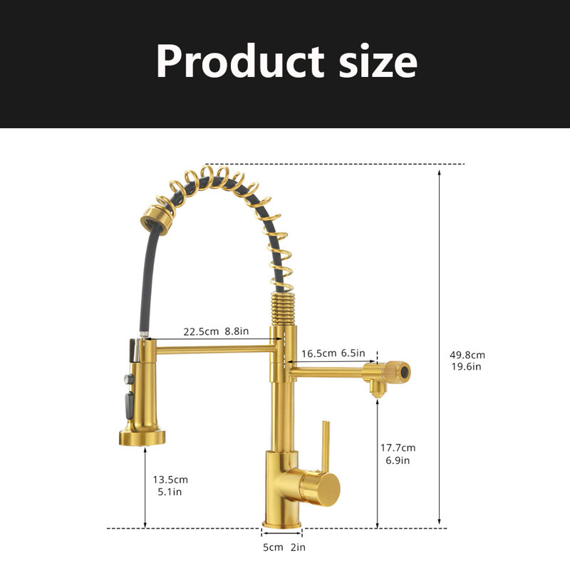 Robinets de cuisine avec douchette rétractable, robinet d'évier de cuisine avec douchette à double fonction, Doré