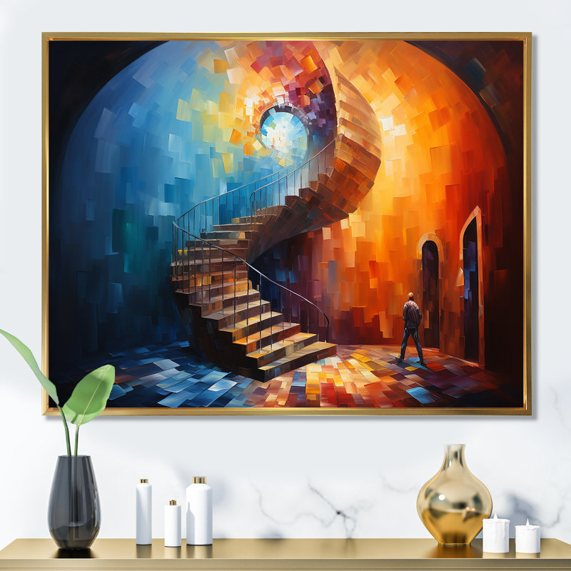 Escalier en spirale bleu et rouge - Art abstrait spirales murales, Cadre flottant doré, H 12 po x l 20 po x P 1 po