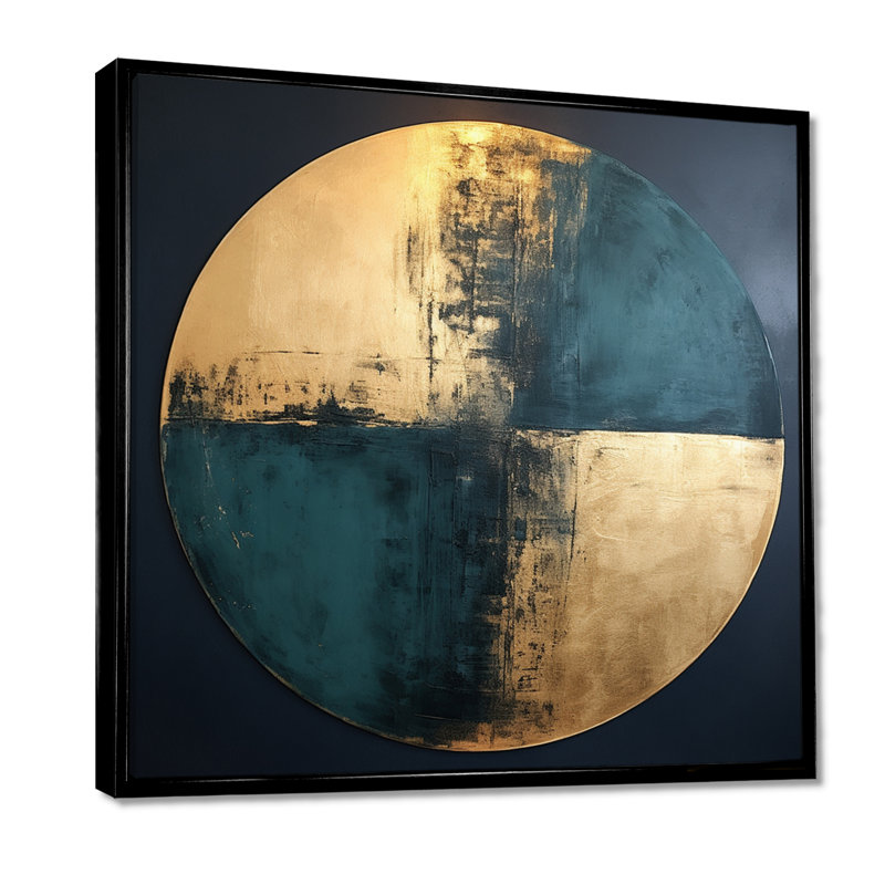 Minimal Moon bleu marine et or - salon d'art mural géométrique, Cadre flottant noir, H 16 po x l 16 po