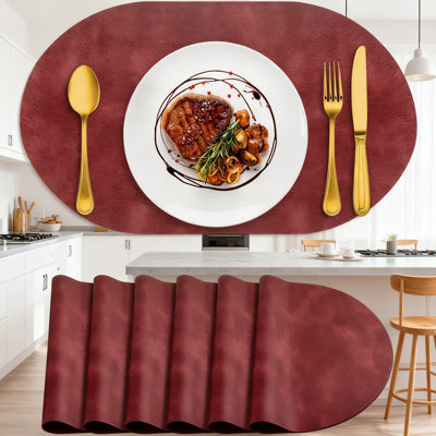 Heat Resistant Placemats Set Of 6, Waterproof Washable Table Mats, Faux Leather Placemats For Kitchen Dining Room, Elegant Lychee Grain Design, 12 X 17 Inch Oval Place Mats