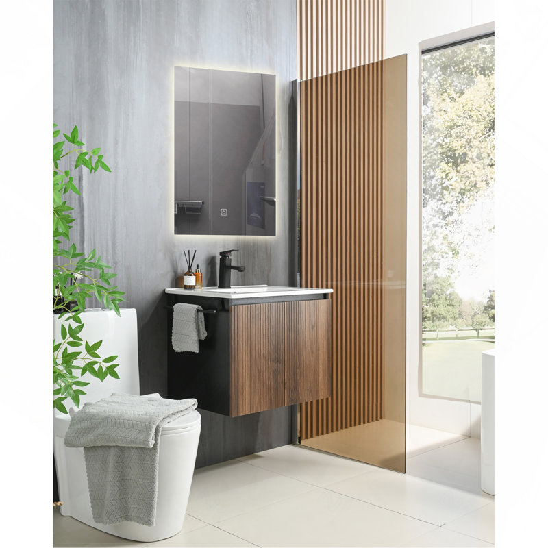 Ensemble de meuble-lavabo mural 24 po avec porte-serviettes noir, noyer et flottant