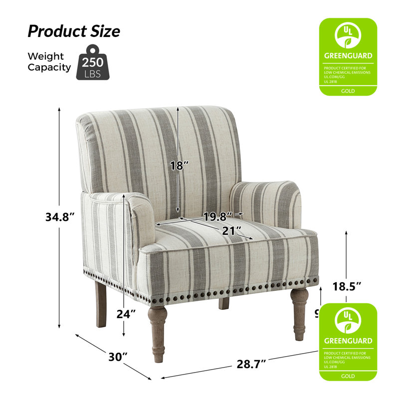 Arching 28.7"W Armchair with Solid Wood Legs and Nailhead Trim, Gray 