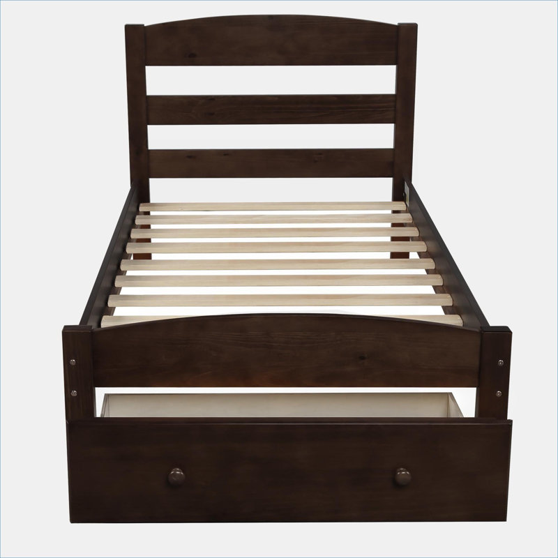 Lit plateforme simple en bois massif de style classique avec rangement intégré sous le lit, brun riche, aucun sommier tapissier requis