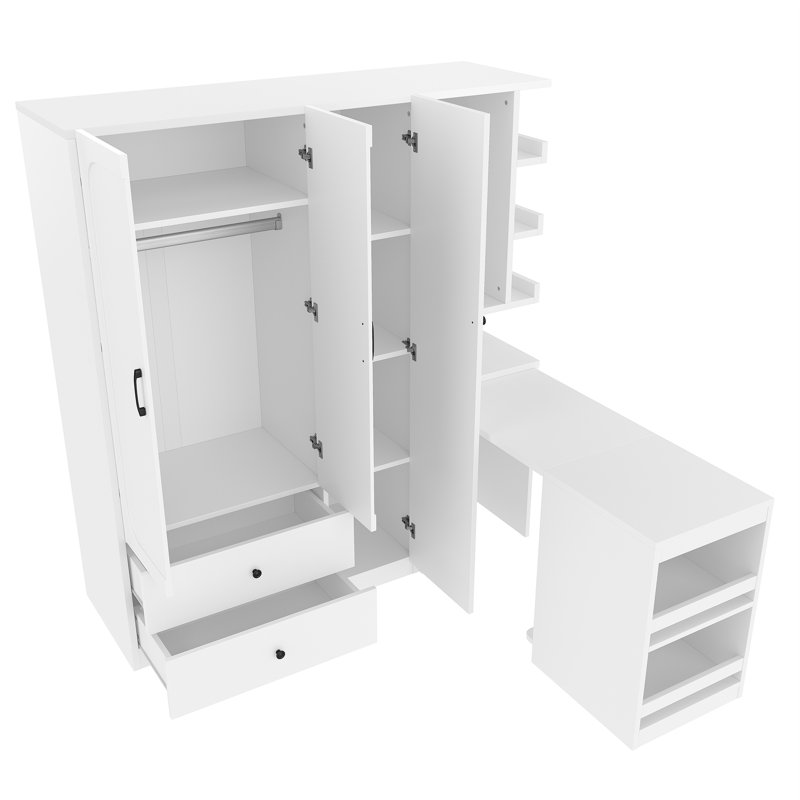 Armoire-penderie multifonctionnelle avec bureau pliable, Blanc