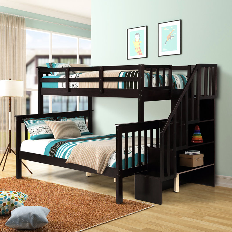Lit superposé avec compartiments de rangement et barrière de sécurité sécurisée, étable grise pour la chambre à coucher