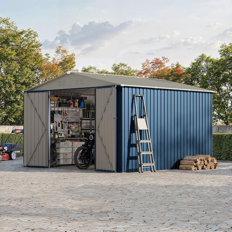 ：10 x 10 ft Outdoor Metal Storage Shed, Lockable Garden Shed with Peaked Roof for Tools, Lawn Equipment, and Patio Supplies, Weather-Resistant Durable Storage
