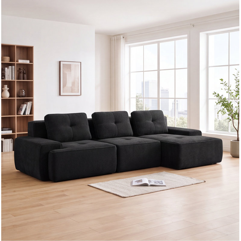 Canapé modulaire en forme de L 82 po, velours côtelé noir, conception capitonnée, assise profonde, sans assemblage